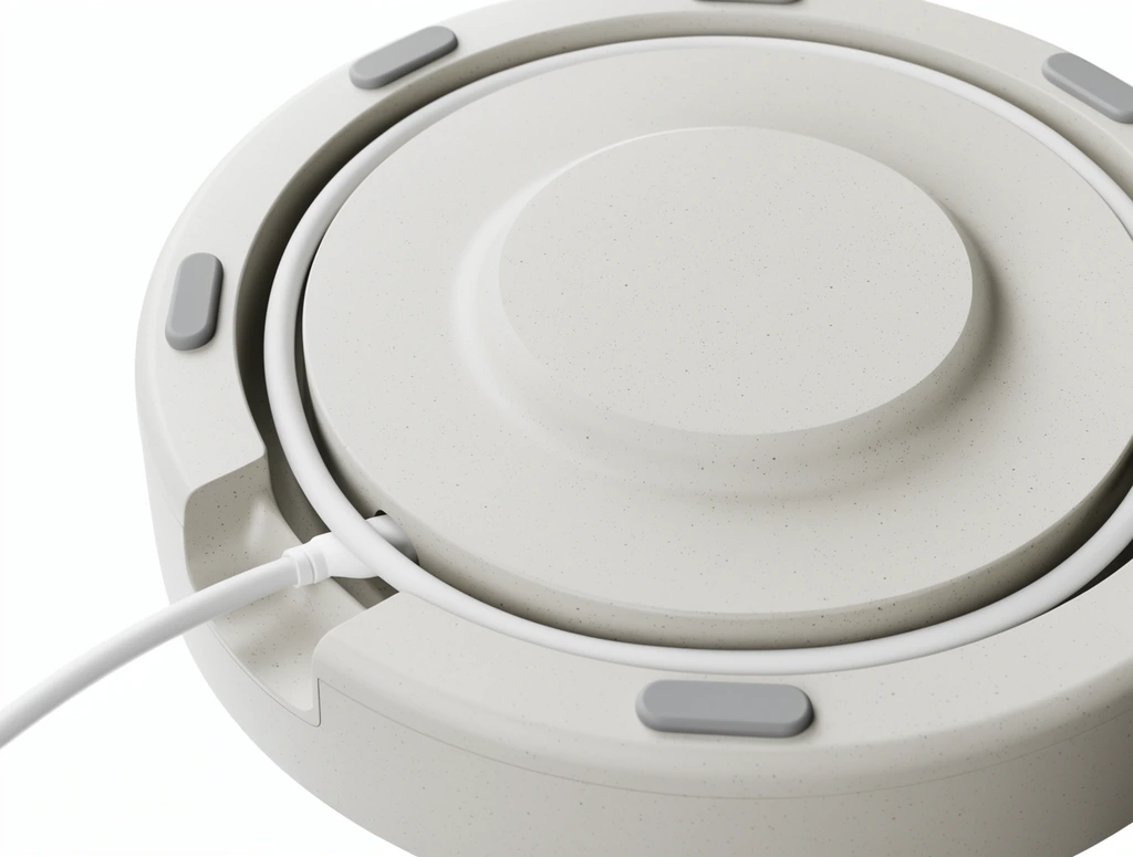 underside of a circular off-white device, matte speckled texture, central raised disc, deep circular routing channel, white power cable tucked inside the groove exiting through a side notch, four grey pill-shaped rubber feet on the outer rim, clean minimalist industrial design, soft diffused studio lighting, high angle close-up product photography, isolated on pure white background