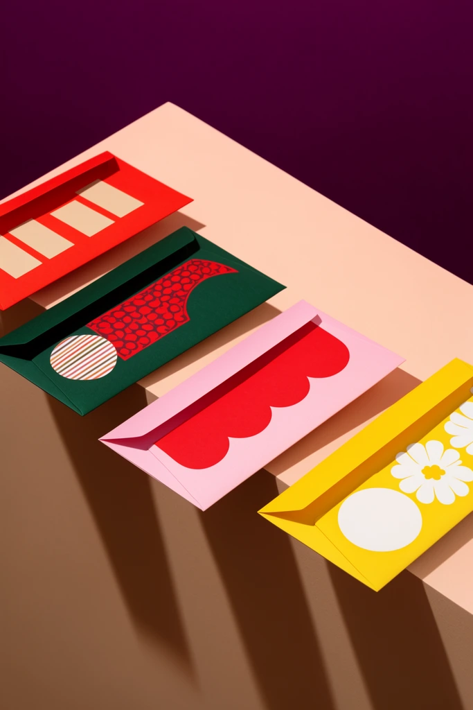 Four brightly colored rectangular matte envelopes rest diagonally on a stepped geometric display with a pale peach top, tan side, and plum backdrop. The envelopes feature distinct graphic elements: a red one with beige blocks, a dark green one with a red patterned shape and striped circle, a light pink one with a red scalloped design, and a bright yellow one displaying white floral and circular shapes. Dramatic lighting casts sharp, elongated drop shadows, emphasizing a clean, minimalist, color-blocked presentation.