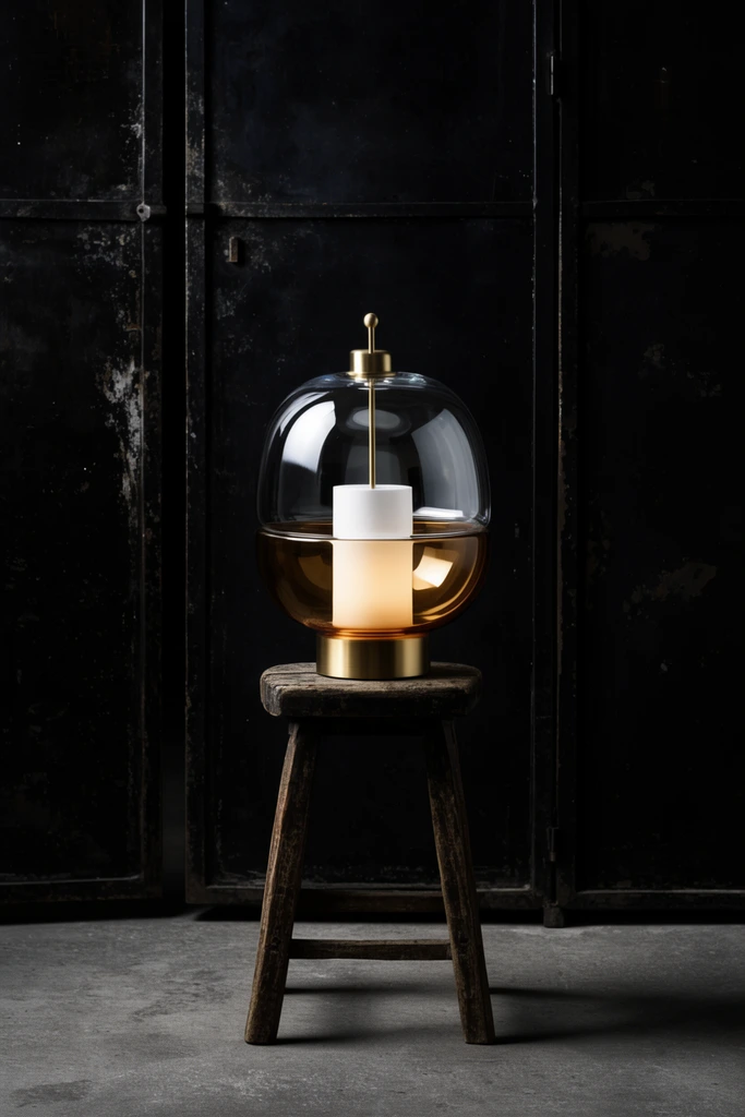 contemporary glass and brass lantern on a weathered wooden stool, clear upper dome, amber-tinted lower bowl, white cylindrical light core, brushed brass base and finial, dark industrial setting, distressed black metal doors, gray concrete floor, moody cinematic lighting, strong chiaroscuro, sharp focus still life photography