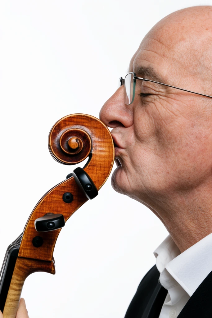 close-up profile portrait of an older bald man kissing the carved wooden scroll of a string instrument, pure white background, man facing left with eyes closed and lips pursed against the varnished amber wood, wire-rimmed glasses, black jacket, white collared shirt, black tuning pegs, rich wood grain, sharp focus, studio lighting, detailed skin texture, high-resolution photography