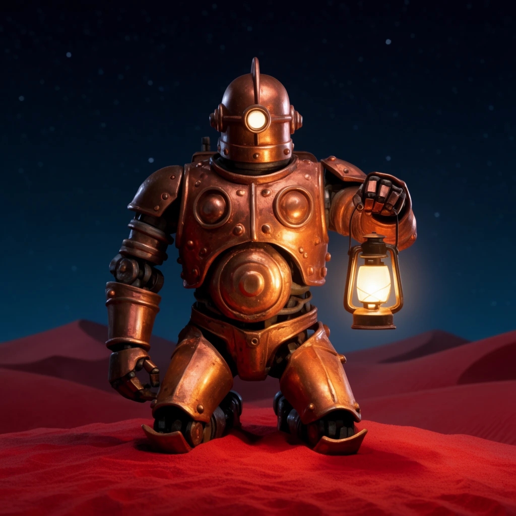bulky robot in copper armor, kneeling on red desert dune, holding glowing lantern, dark starry sky background, stop-motion style, dramatic lighting