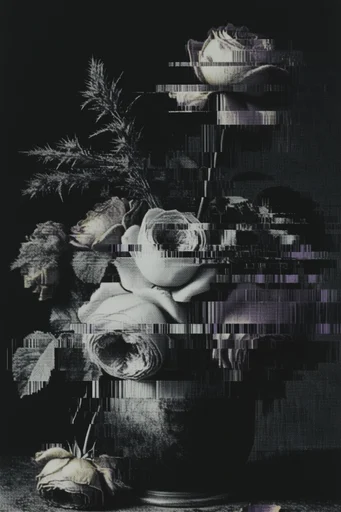 Monochrome Glitch Baroque style reference image — heavy film grain