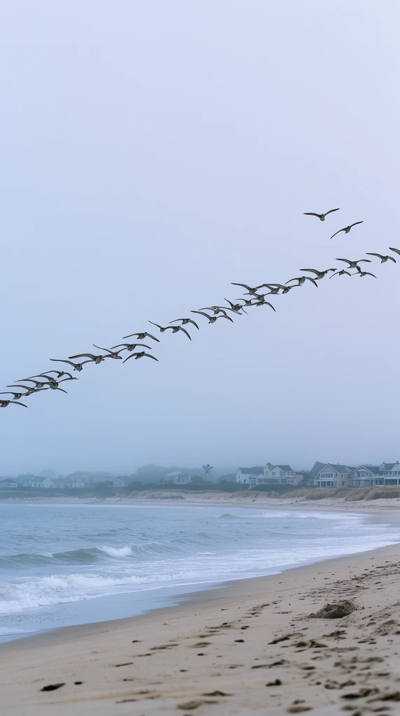 long undulating line of birds flying across a pale overcast sky, sandy beach with gentle ocean waves, distant coastal houses on a misty horizon, muted cool color palette, serene landscape