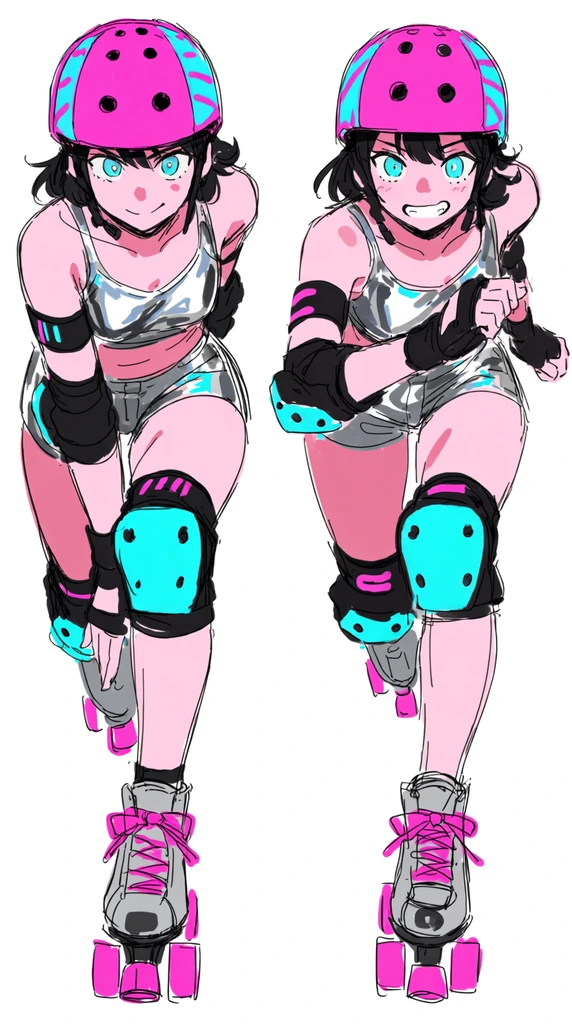 two side-by-side character design sketches of a futuristic roller-derby skater, anime art style, loose rough line work, dynamic crouching and leaning action poses, neon pink helmet, glowing cyan knee pads, silver crop top, metallic roller skates, limited pink and cyan color palette, plain white background, expressive digital illustration, energetic vibe