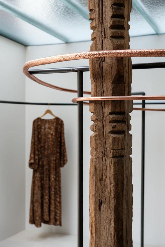 thick weathered wooden pillar with deep grain and carved notches, curved double-tier clothing rack of dark steel and textured copper, minimalist white interior, frosted glass skylight overhead, out-of-focus brown patterned dress hanging in the background, shallow depth of field, soft natural lighting, architectural interior photography