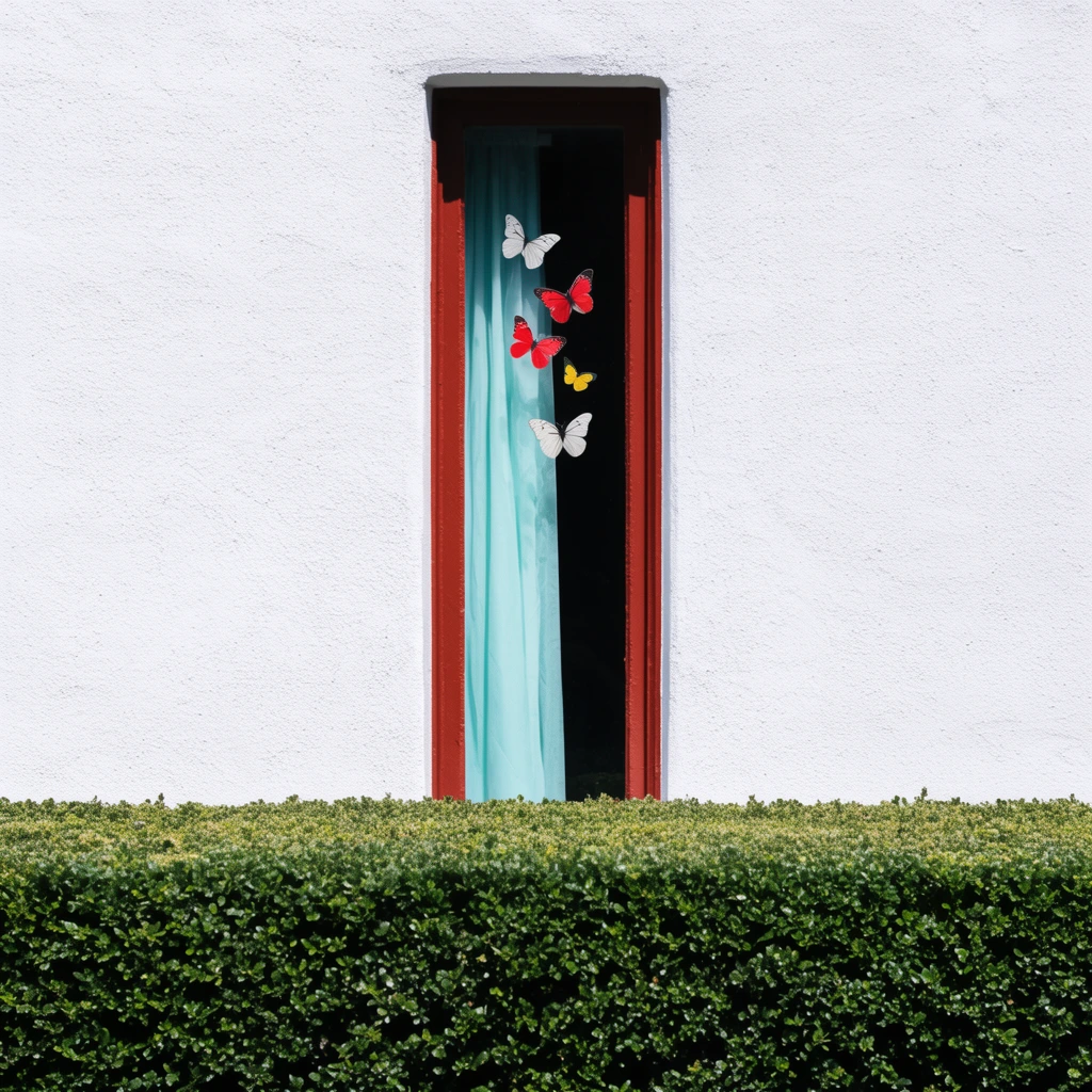 A narrow vertical window with deep rust-red trim recessed into a stark white stucco wall. A pale cyan curtain partially covers the dark interior glass, decorated with four vibrant butterfly decals in red, white, and yellow. A dense, manicured green hedge stretches horizontally across the lower foreground. Minimalist architectural photography with a straight-on perspective and high contrast natural lighting.