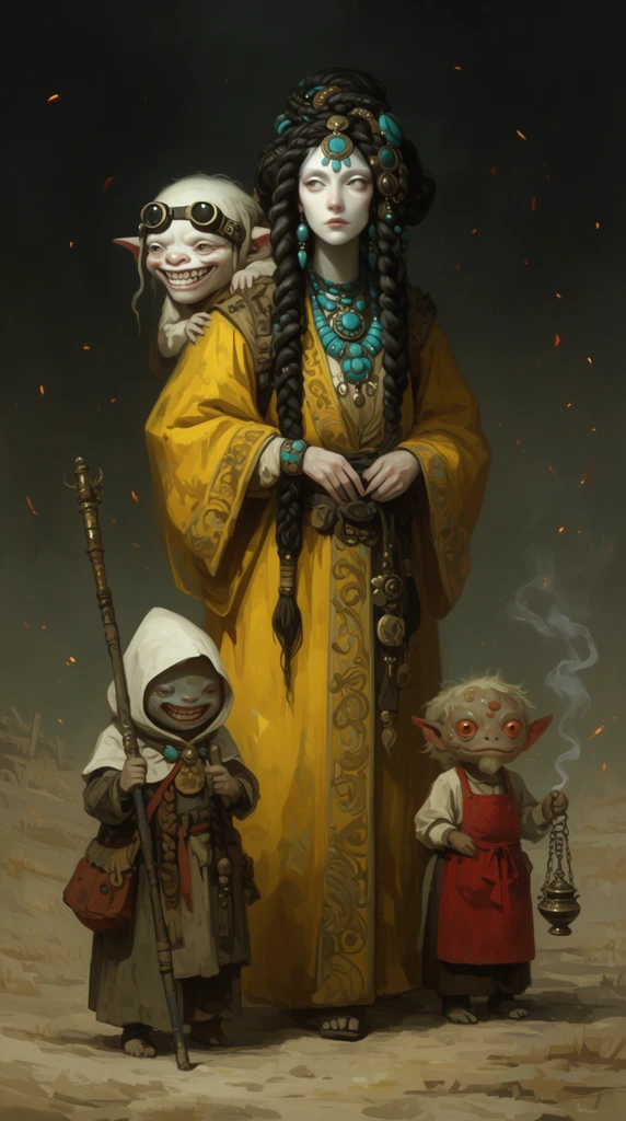 tall pale woman in ornate yellow robes and elaborate braided hair with turquoise jewelry, carrying a grinning pale creature with goggles on her back, flanked by two small fantastical figures, one in a white hood carrying a long staff, another in a red apron holding a smoking censer, desolate landscape, dark atmospheric background, floating embers, moody lighting, painterly fantasy illustration