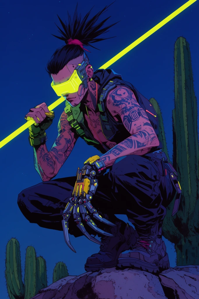 cyberpunk warrior crouching on rock, glowing yellow visor, spiky tied hair, body tattoos, holding diagonal neon yellow energy staff, mechanical clawed hand, dark pants, heavy boots, saguaro cactus, deep blue night sky, cel-shaded comic art, strong line work, neon against dark blue