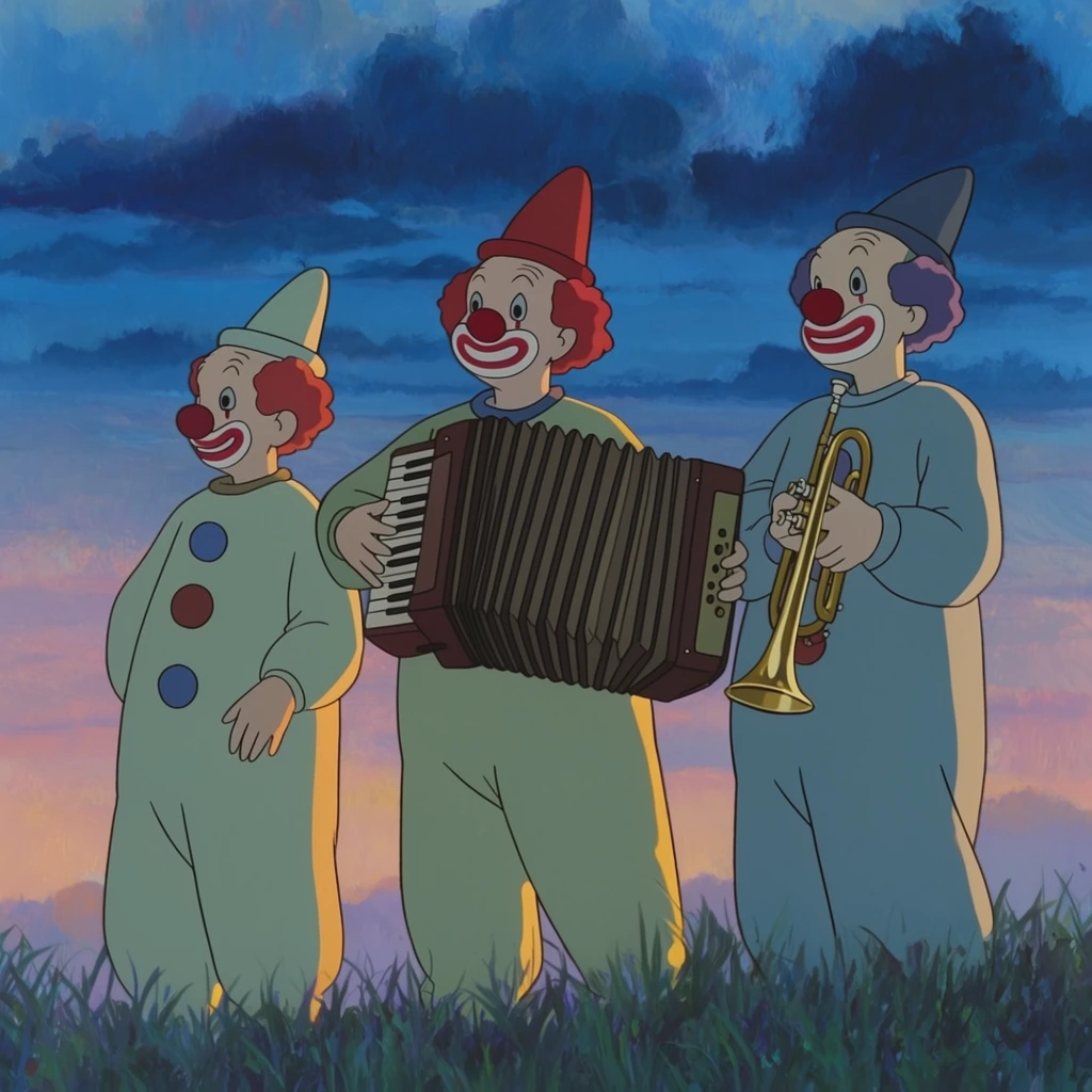 Three clowns stand together in a grassy meadow, rendered in a traditional 2D hand-drawn animation style characterized by cel-shaded characters and matte-painted environments. The central clown holds an accordion with hands positioned on the keys and bellows, while a second clown to the side grips a brass trumpet. A third clown stands alongside them. The characters feature delicate, thin linework and flat, crisp coloring with simple, distinct shadow shapes. They are set against a painterly, textured background depicting a twilight sky with deep indigo and azure blue clouds hovering above a horizon of soft peach, lavender, and pink gradients. Cool ambient evening light washes across the environment, accented by warm golden highlights catching the edges of the clowns' outfits and the metallic surface of the trumpet, contrasting the soft, expressive brushstrokes of the background with the sharp, clean edges of the foreground figures.