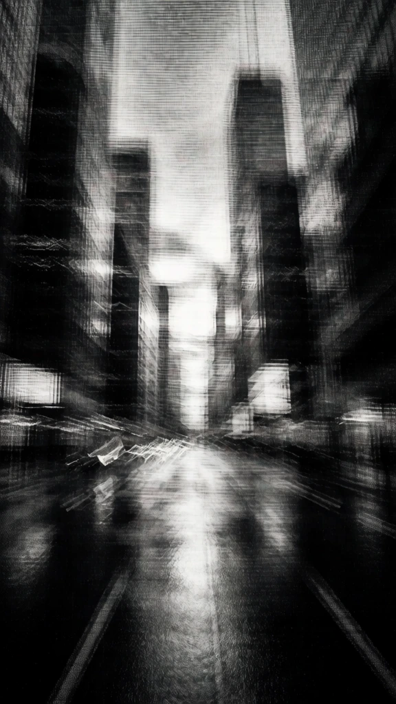 metropolitan street with towering skyscrapers and a shimmering wet asphalt road, high-contrast monochrome aesthetic, coarse horizontal scanlines, heavy bitmapped noise, grit and stipple textures reminiscent of a low-resolution vintage television broadcast or a grainy xerox photocopy, dramatic perspective with blinding highlights and crushed deep blacks, ethereal atmosphere, blurred architectural forms, minimalist composition, moody shadows, light streaks across the damp pavement.