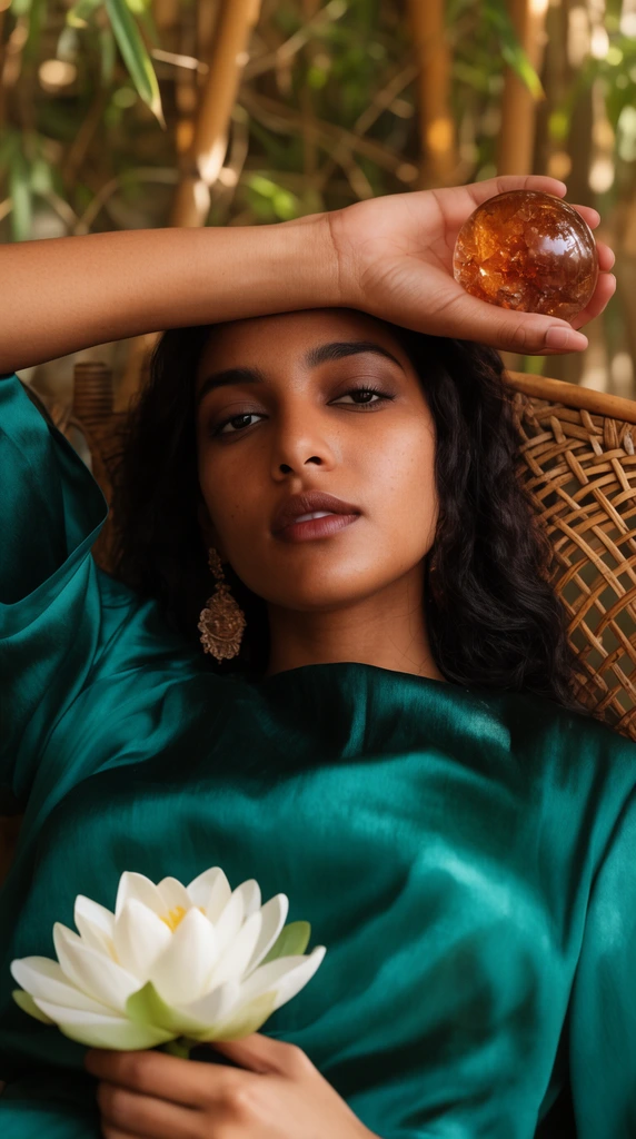 A South Asian woman in an emerald silk dress lounges in a rattan chair. One arm rests across her forehead holding an amber crystal sphere, while her other hand holds a white lotus. Warm dappled sunlight filters through bamboo in this close-up editorial portrait.