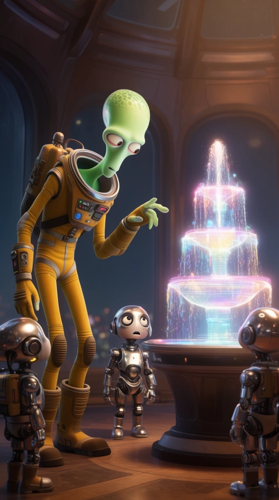 towering lanky alien in yellow spacesuit, leaning close to inspect a glowing multi-tiered holographic fountain, three diminutive robotic engineers in chrome plating watching nervously, dimly lit futuristic observation deck, large arched windows, warm interior lighting, cinematic 3d animation style