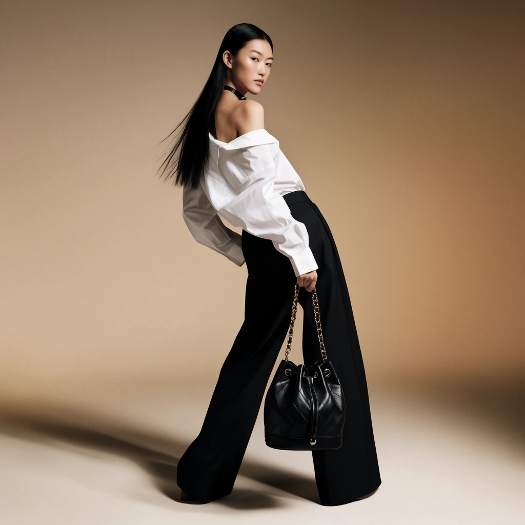 high fashion studio portrait, Asian female model glancing over her shoulder, long straight black hair, asymmetrical crisp white shirt draped off one bare shoulder, wide-leg black trousers, black leather bucket bag with quilted texture and gold chain strap, black choker, dynamic pose twisting backward, minimalist seamless warm beige backdrop, soft gradient lighting, dramatic floor shadows, elegant aesthetic, sharp focus, cinematic editorial photography