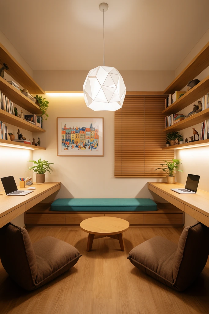 A warm, minimalist home office featuring light oak built-in desks and floating shelves along opposing walls. A geometric white pendant lamp and warm under-cabinet LED lighting illuminate shelves filled with books, plants, and small decorative objects. A low round wooden coffee table sits on the wood floor between two brown padded floor chairs facing the workstations. A built-in bench with a teal cushion rests against the back wall beneath a framed colorful cityscape illustration beside closed wooden window blinds. Shot with a wide-angle lens, deep depth of field, and photorealistic architectural precision.
