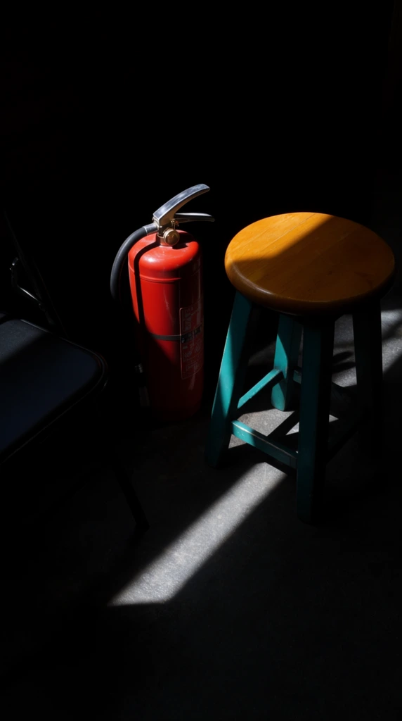 A chiaroscuro still life of a bright red fire extinguisher, a wooden stool, and a black folding chair enveloped in deep shadow. A narrow, intense shaft of light cuts diagonally across the dark scene. The beam grazes the silver handle and black hose of the extinguisher, heavily illuminating the smooth golden-brown wooden seat of the adjacent stool and revealing its teal-painted legs. A sliver of the dark chair's flat seat emerges from the blackness on the far left. The objects rest on a dark, subtly textured floor where the stark geometric patch of light casts sharp, elongated shadows, creating a profound contrast between the brightly lit focal points and the surrounding pitch-black environment.