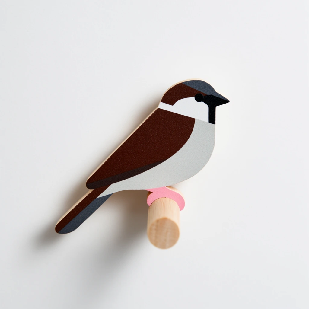 A minimalist wooden cutout of a stylized sparrow mounted as a wall hook against a plain white background. The flat, geometric bird features distinct color blocks: a dark chestnut brown back, a pale gray belly, a charcoal cap, a black beak, and a pink accent where the feet grip the perch. An unpainted, natural wood cylindrical peg protrudes straight outward from the bird's base. Soft, diffused studio lighting casts a gentle drop shadow to the lower left, emphasizing the shallow three-dimensional relief of the flat cutout. The straight-on, center-framed product photography highlights clean lines and a modern design aesthetic.