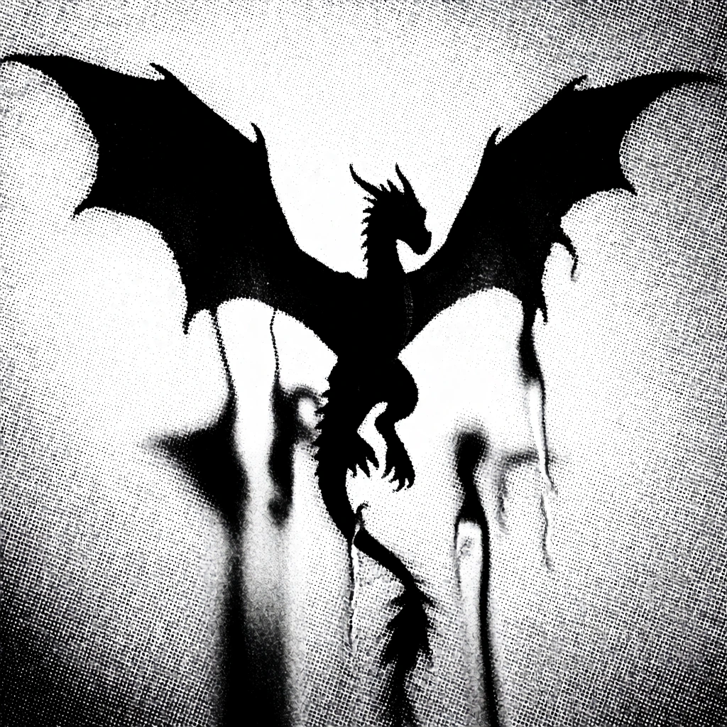 high-contrast silhouette of a dragon in mid-air with wings fully extended, rendered in a coarse monochromatic halftone screen with heavy dot gain, bitmapped xerox aesthetic, vertical liquid distortion and smeared silhouettes, aggressive binary black and white values, raw newsprint texture, industrial graphic dither, 90s punk zine aesthetic, fluid organic shapes resolving into a rigid grid of oversized dots.