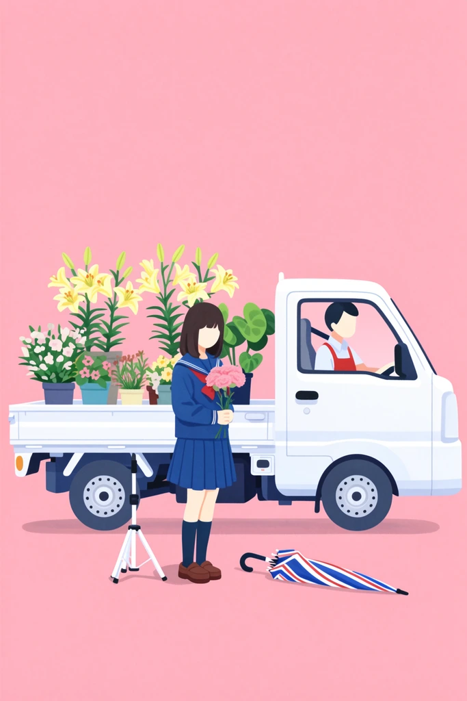 Flat digital illustration, faceless girl in blue school uniform holding pink carnations, white flatbed mobile florist truck, driver in red apron inside cab, truck bed loaded with potted plants and yellow lilies, solid pink background, closed blue white and red striped umbrella on ground, white tripod, minimalist characters, pastel colors, soft shading