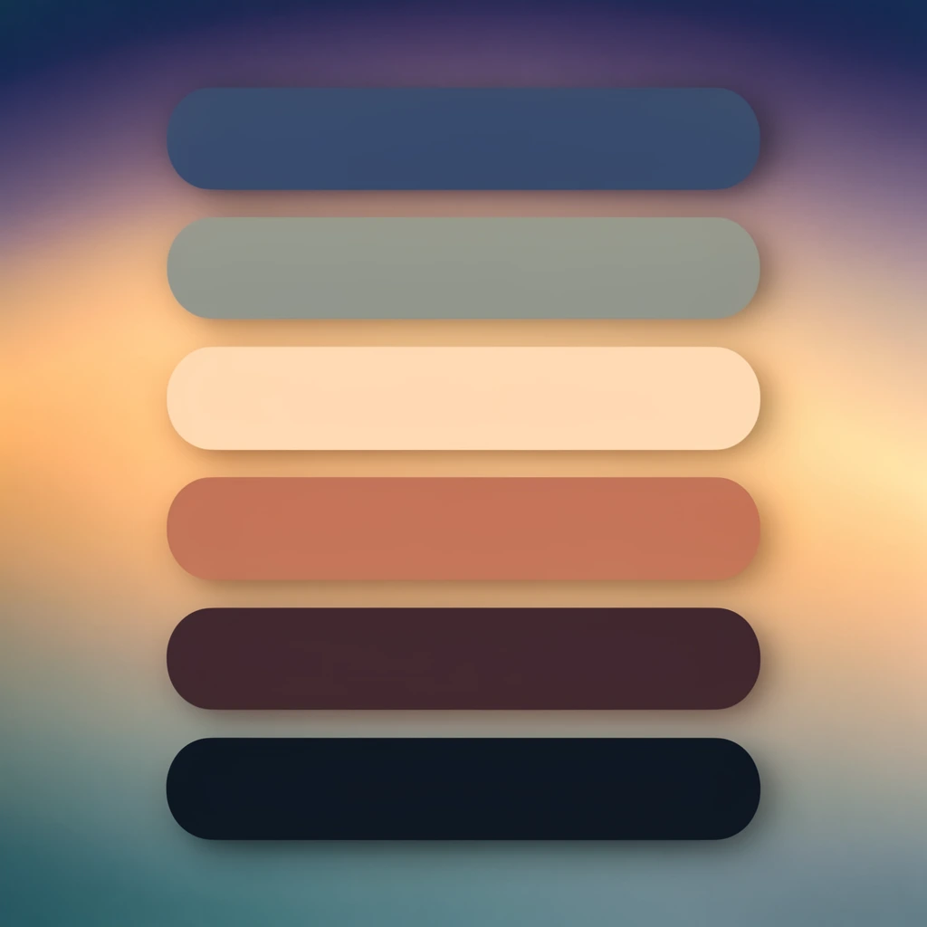 A vertical stack of six horizontally elongated, pill-shaped solid color swatches floats centrally against a smooth, luminous gradient background. The flat swatches are arranged from top to bottom: deep slate blue, muted sage grey, pale creamy peach, dusty terracotta, dark plum brown, and near-black navy. Each rounded rectangle casts a soft drop shadow, creating a gentle three-dimensional hovering effect. The seamless background gradient shifts from dark purple-blue at the top edge to a glowing golden-peach in the middle, fading into a cool, muted teal at the base, creating a harmonious minimalist digital aesthetic.