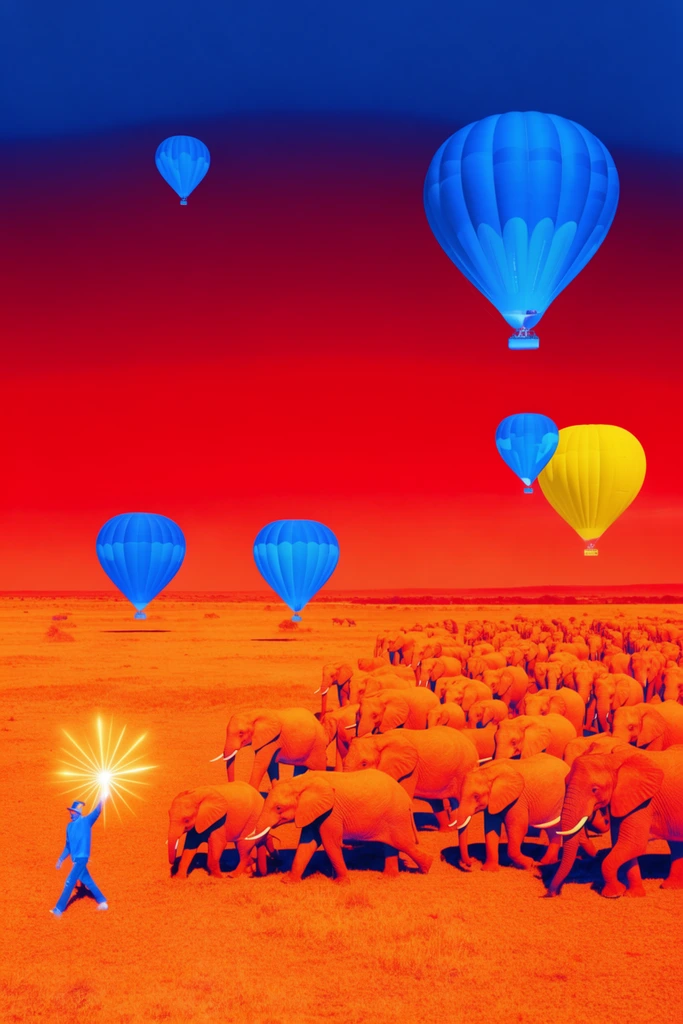 thermal imaging savanna, false-color photography, person walking left holding glowing starburst light, large herd of orange elephants migrating right, flat orange terrain, gradient sky from deep blue to intense red, bright blue and yellow hot air balloons, high contrast pop-art aesthetic