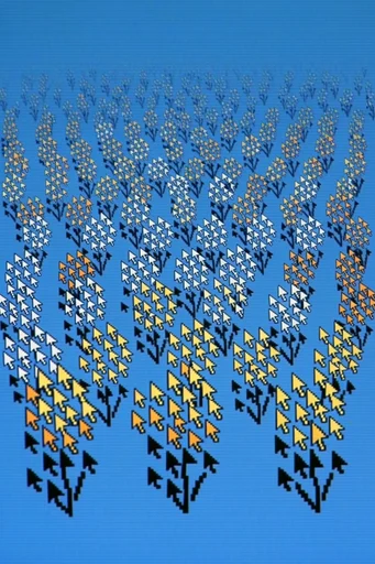 Retro Cursor Surrealism style reference image — blue screen background
