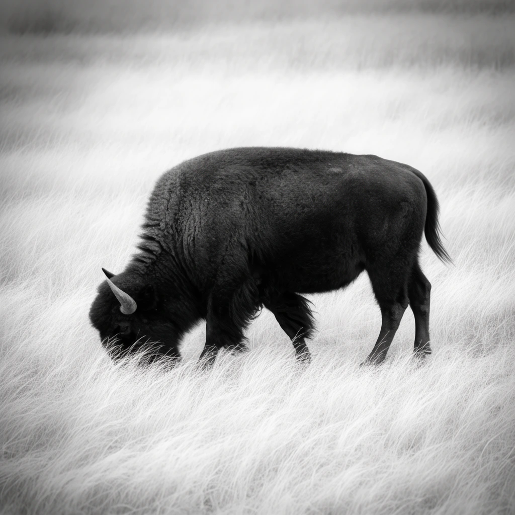 A solitary dark bison grazes in a vast field of pale prairie grass in a black and white photograph. Standing in profile with head lowered, its thick shaggy coat contrasts sharply against the sweeping textures of the wind-blown meadow under a soft peripheral vignette.