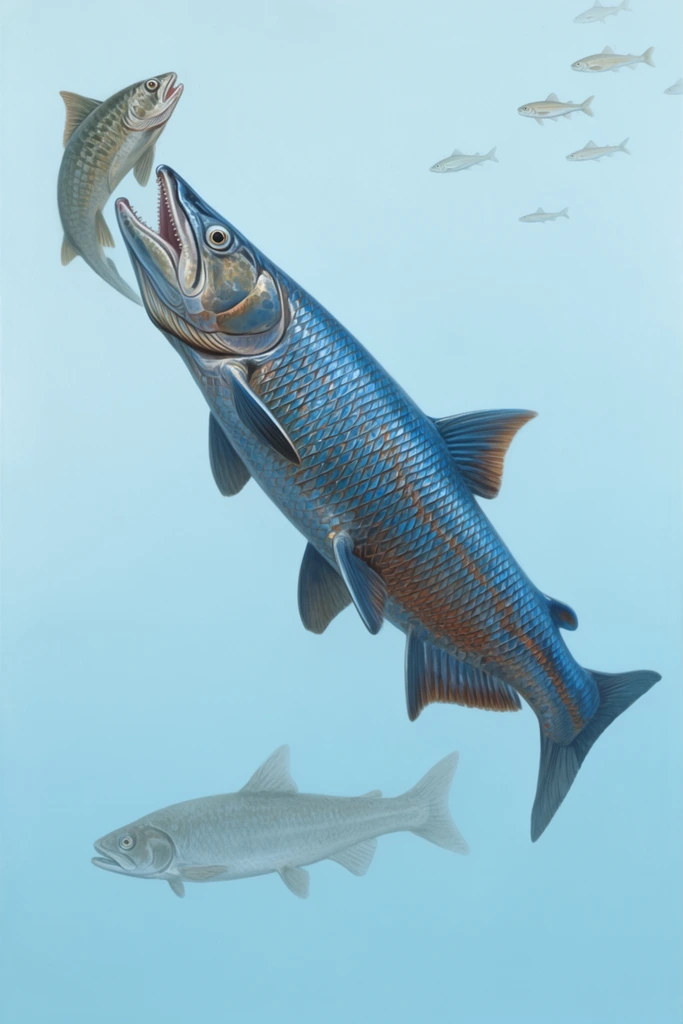 A realistic scientific illustration of a large prehistoric fish swimming diagonally upward through a minimalist light blue aquatic environment. The main fish exhibits highly detailed metallic blue and bronze scales, sharp fins, and an open mouth targeting a smaller fleeing fish. Below, a pale grayish-blue fish swims horizontally. Several tiny fish scatter in the distant upper right background. The paleoart composition highlights anatomical precision, utilizing soft diffuse lighting to emphasize the intricate scale textures and metallic sheen of the dominant predator against the flat cyan void.