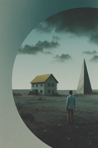 Geometric Voyeuristic Surrealism style reference image — cinematic melancholy