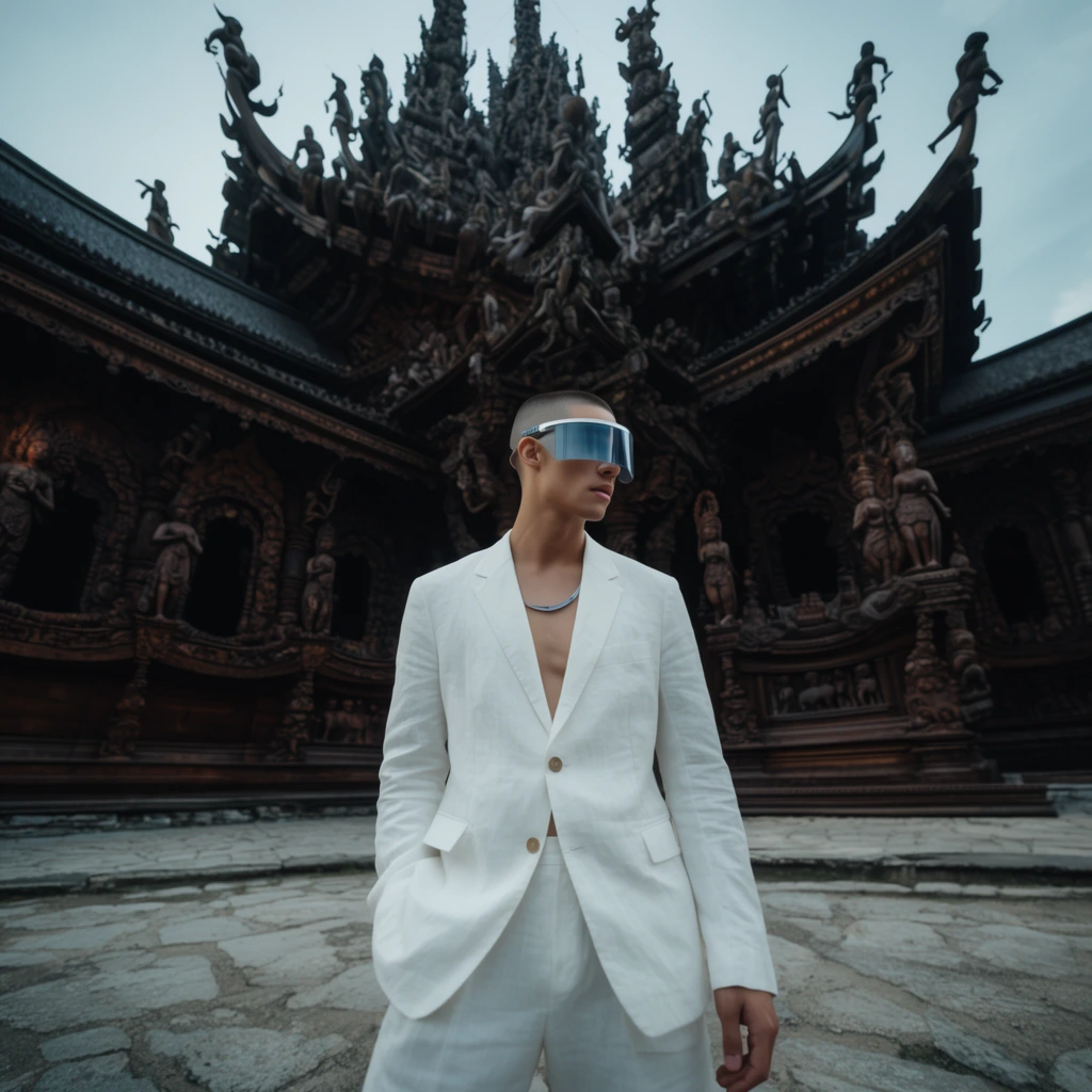 A low-angle wide shot of an athletic model with a buzzcut wearing a white linen suit and a futuristic visor. He stands confidently on stone pavers. Behind him looms a massive, intricately carved dark wooden temple featuring ornate statues and complex reliefs. The lighting is muted and overcast, creating a cinematic atmosphere with wide-angle distortion emphasizing the imposing scale of the wooden structure against a pale sky.