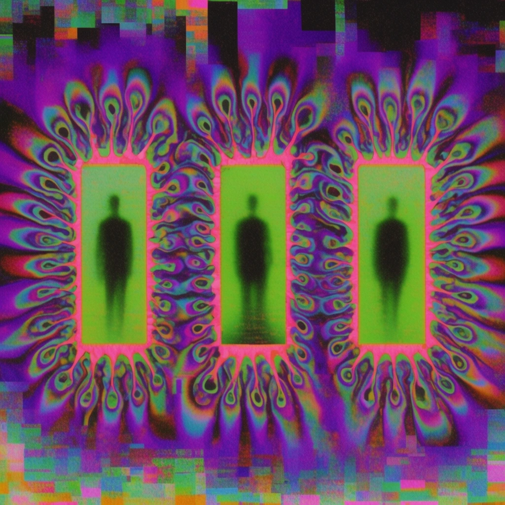psychedelic glitch art composition, three glowing vertical portals containing dark silhouetted human figures, radiating cellular tendrils surrounding each doorway, saturated neon green and vibrant pink color palette, vivid purple fluid gradients, heavy digital noise, CRT scanline effects, chromatic aberration, iridescent color shifts, pixelated background blocks, retro-futuristic acid graphics
