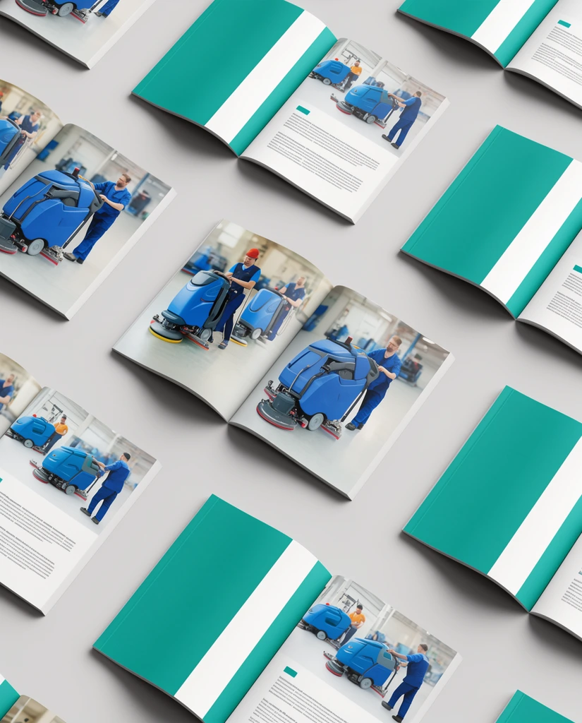 scattered open and closed printed brochures on a smooth light grey surface, closed covers with teal and white vertical bands, open pages showing blue industrial floor scrubbers and workers operating them, high-angle mockup presentation, soft studio lighting, crisp drop shadows
