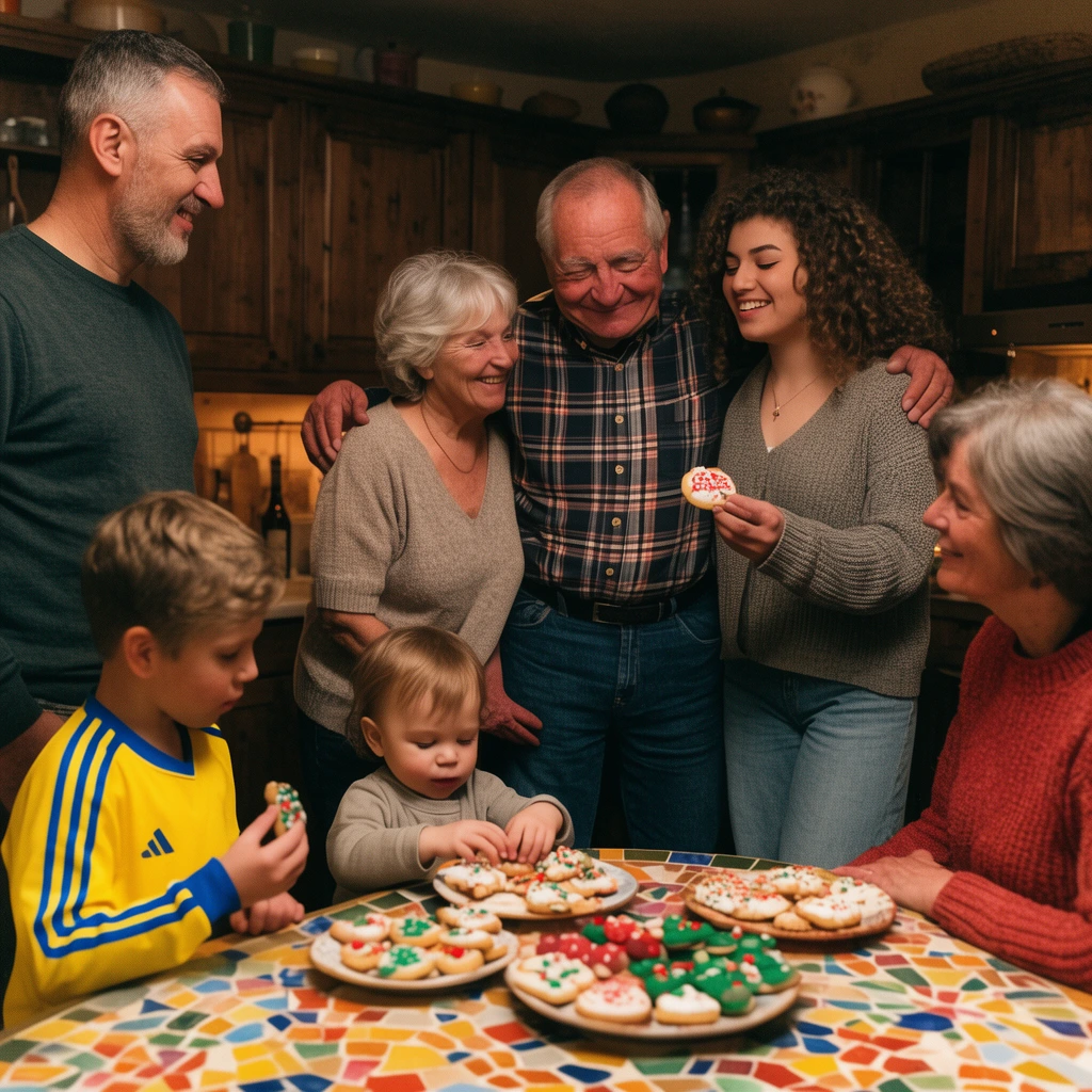 A multi-generational family gathers warmly in a cozy kitchen, sharing decorated treats around a vibrant mosaic-patterned table. In the center, an older man in a plaid shirt embraces an older woman and a young woman with curly hair who holds a frosted cookie. In the foreground, a toddler reaches for festive snacks beside an older boy in a yellow and blue athletic shirt. A standing man on the left and a seated woman on the right frame the candid scene. The rustic room features dark wooden cabinetry and warm, intimate indoor lighting.