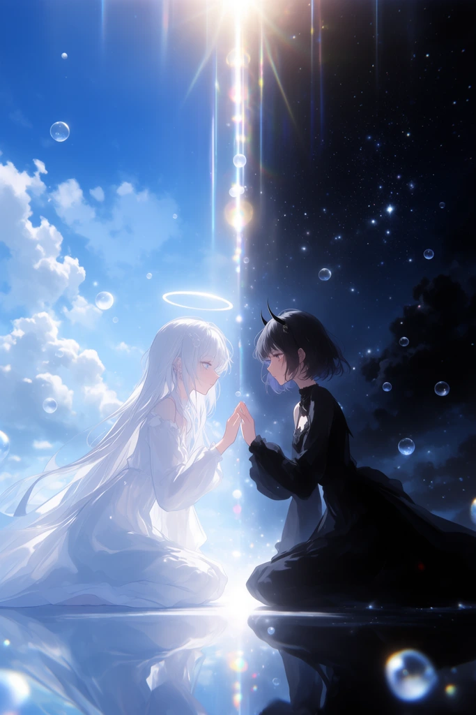 two anime-style young women kneeling face-to-face with fingertips touching, figure on left wearing flowing white dress with long white hair and glowing halo, figure on right wearing black dress with short dark hair and small horns, perfectly reflective surface beneath them, background split vertically between bright blue daytime sky with cumulus clouds and dark starry night sky, brilliant central light source shining down between them, cascading vertical lens flares, floating glowing translucent orbs, stark visual duality, dramatic cinematic lighting, ethereal digital illustration