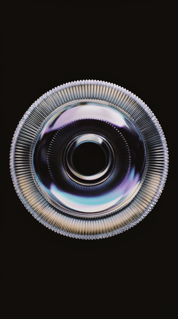abstract 3D geometric object resembling a stylized eye, isolated on a pure black background, central dark void surrounded by layered concentric rings, iridescent reflections in cyan purple and pale gold, intricate radial symmetry, metallic ridged outer rim with fine grooves, smooth glass-like dome enclosing the center, deep internal shadows, high contrast specular highlights, sleek futuristic aesthetic, hyper-detailed render