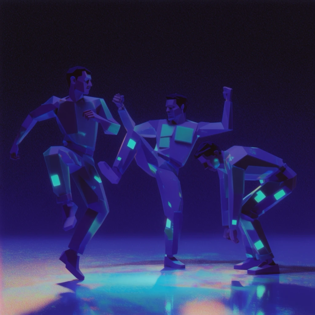 Three male figures dancing in a surreal studio space, arranged with one leaping high, another executing a sharp mid-air kick, and the third bending into a deep bow. The figures are constructed from rigid, low-poly geometric shapes, rendered in an early-CGI, retro 3D aesthetic. The entire composition is saturated in a deep, monochromatic indigo and ultramarine purple palette. The dancers feature blocky, unrefined 3D geometry with smooth, slightly glossy, semi-translucent textures. Vibrant, bioluminescent cyan and teal emissive glowing square accents illuminate the bodies and the surrounding studio elements. The ground functions as a highly reflective plane, pooling with bright cyan and iridescent peach light, contrasting against a solid, pitch-black background. High-contrast ambient lighting casts stark, rigid drop shadows across the angular forms. The image features a distinct lo-fi digital grain and dithering texture characteristic of late 1990s generative 3D software.