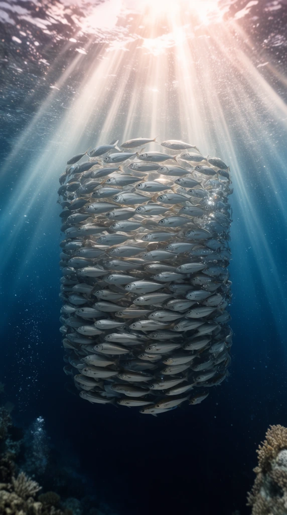 perfectly cylindrical dense school of silver fish suspended in deep blue ocean water, bright volumetric sunlight rays piercing from the surface to illuminate the surreal geometric formation, photorealistic underwater photography, scattered bubbles, dark abyss below, faint coral reef in bottom corners, high contrast cinematic lighting