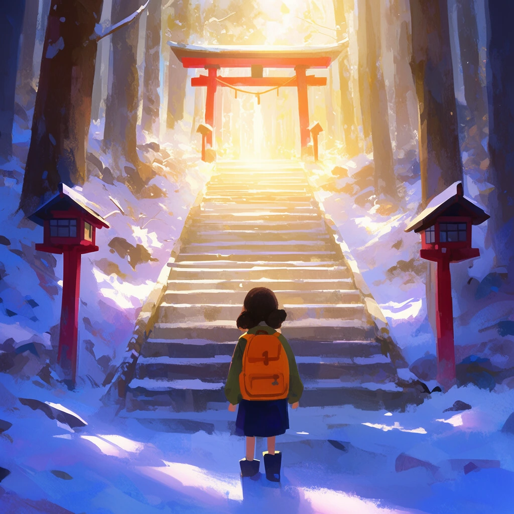 Viewed from behind, a young girl with an orange backpack stands at the bottom of a wide, snow-covered stone staircase ascending through a dense winter forest. At the apex, a traditional red torii gate is bathed in brilliant golden sunlight. Deep blue and purple shadows in the snowy foreground contrast sharply with the radiant, ethereal light pouring down the steps. Flanked by two red wooden lanterns, the scene is rendered in an atmospheric digital painting style with expressive brushstrokes.