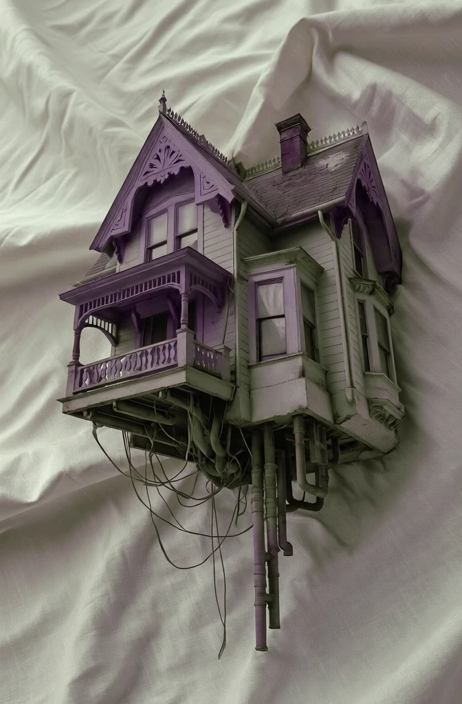 a floating victorian house with intricate gables and gingerbread trim, messy hanging wires and industrial pipes dangling from the base, muted palette of dusty lavender and desaturated sage, soft diffused natural lighting, minimalist high-angle top-down perspective, positioned over a backdrop of wrinkled cream linen fabric, matte textures and fine architectural details, nostalgic and moody surrealist aesthetic, subtle soft shadows, elegant and dark academic vibe, tactile and ethereal