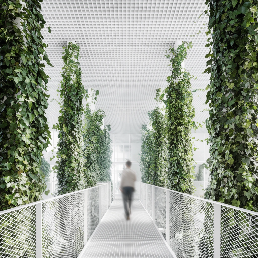 Biophilic architectural interior, white metal grating walkway, tall pillars wrapped in lush green ivy, blurred figure walking away, white mesh railings, grid ceiling, bright high-key lighting, 1-point perspective