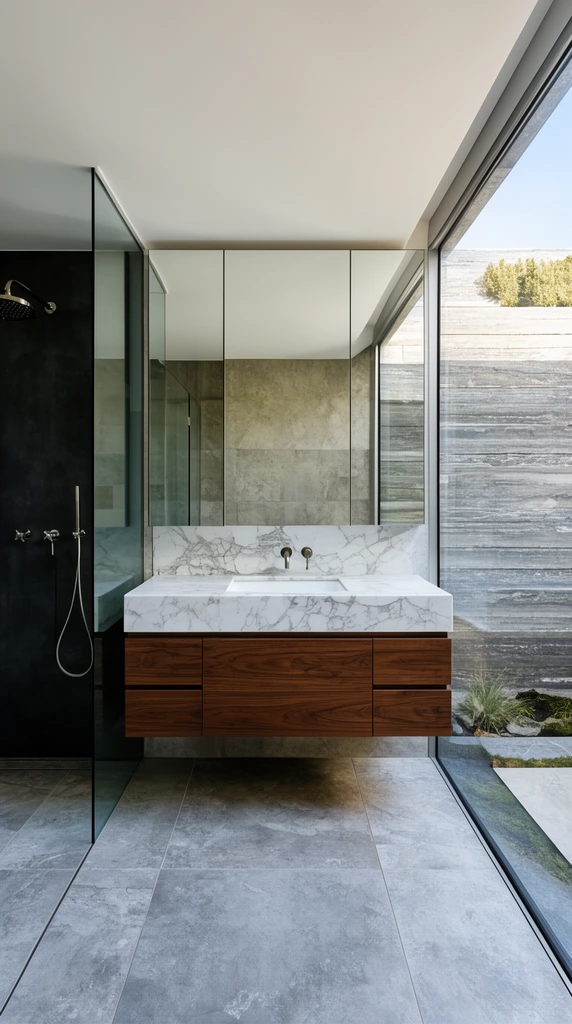 A minimalist bathroom featuring a floating walnut vanity with a white veined marble countertop and frameless mirror cabinet. Large grey floor tiles extend into a left-side glass-enclosed shower with dark walls and silver fixtures. A large right-side glass wall reveals an outdoor courtyard enclosed by textured horizontal grey stone bathed in bright natural daylight.