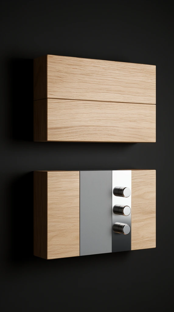 Two horizontal floating wall units mounted against a matte black background. The top unit is a rectangular light oak block divided by a horizontal seam. The matching bottom unit features a central band split into a matte gray section and a reflective silver panel. Three cylindrical metal control knobs are vertically aligned on the right edge of the silver section. Directional lighting casts deep drop shadows to the left, emphasizing the sleek geometric forms and the contrast of organic wood grain with industrial metal in a front-facing product photography composition.