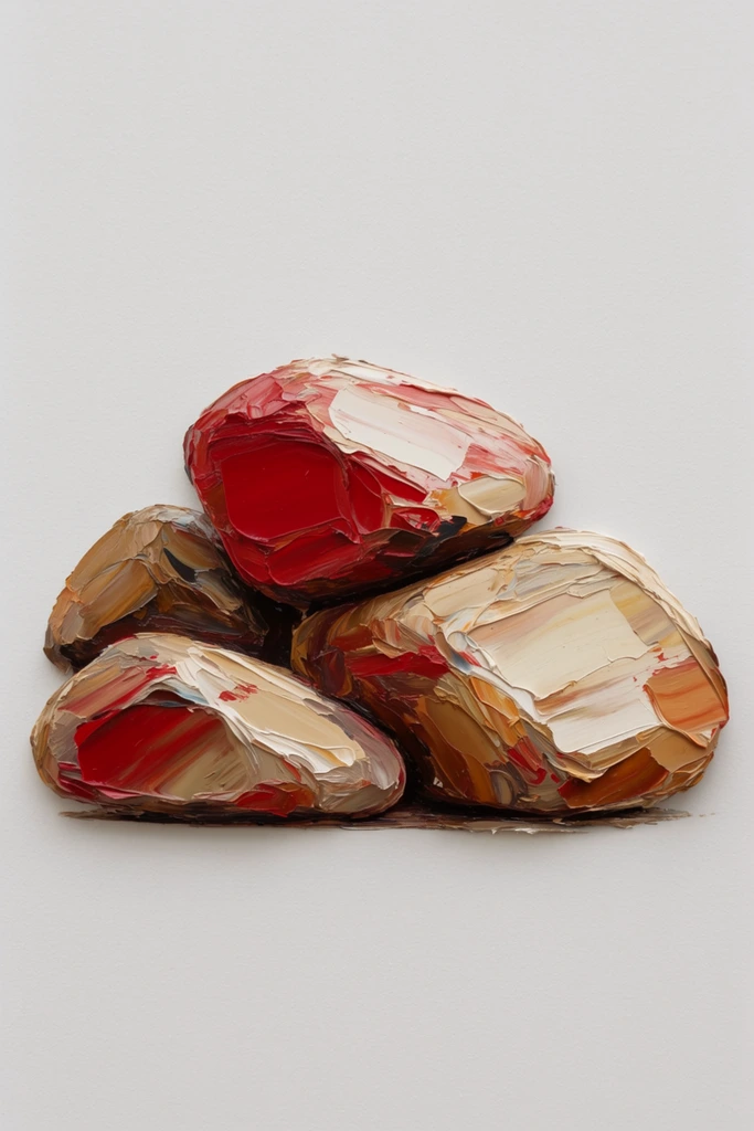 A cluster of gently rounded, smooth rocks resting on a flat surface, executed as a heavily textured impasto oil painting. Thick, sculptural layers of viscous oil paint define the tightly grouped stones, applied with aggressive palette knife strokes that leave pronounced tactile ridges, dimensional peaks, and heavy smears of raw material across their surfaces. Vivid pigments of deep crimson red, pale cream, warm tan, and dark ochre mix roughly, creating stark color blocks and deep physical shadows within the thick folds of paint. The centrally positioned, deeply sculpted rock formation sits directly against a stark, flat, solid off-white background. The extreme minimalist composition and expansive blank space emphasize the three-dimensional, highly gestural application of the tactile medium, focusing entirely on the heavy physical relief of the central clustered subject.
