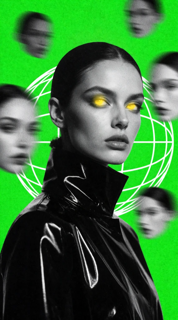Black and white portrait of a woman with glowing yellow eyes, glossy high-collared coat, vibrant neon green background, blurred monochromatic floating faces, white wireframe globe graphic, heavy film grain, halftone texture, high contrast graphic poster style