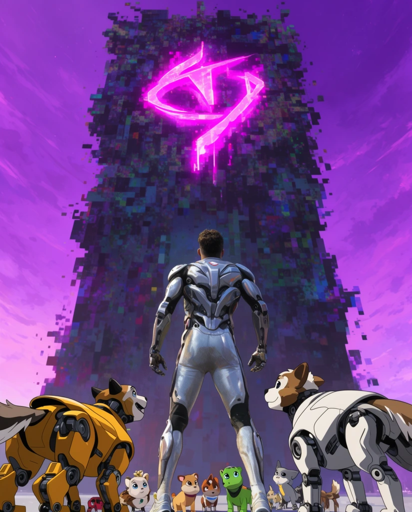 tall athlete in a silver exosuit and diverse robotic animal companions, gazing up at a colossal glitching voxel-art monolith, glowing neon magenta energy sports emblem, vibrant purple sky, mixed media blending 3D realism and 2D cel-shading, dramatic low angle