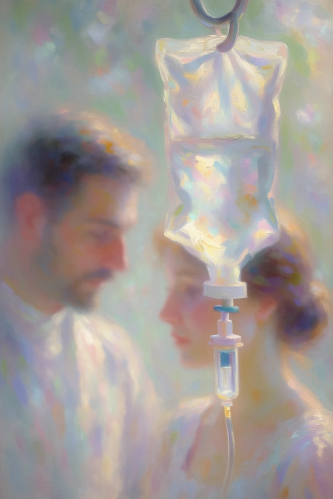 A hanging IV bag is suspended in the foreground, with the figures of a man and a woman positioned in the atmospheric background, all rendered in a highly luminous, ethereal Impressionist oil painting style. The translucent IV bag features energetic, feathery brushstrokes, its surface catching radiant, dappled light with opalescent reflections. In the soft-focus, heavily scumbled background, the man and woman are painted with loose, expressive dabs of pigment, their edges dissolving seamlessly into a hazy, dreamlike environment. The composition utilizes a pastel, iridescent color palette dominated by pale blues, lavenders, soft greens, rosy pinks, creamy whites, and golden yellows. Diffused, glowing illumination creates soft, colored shadows with rich violet and blue undertones rather than stark blacks. The thick impasto texture, visible brushwork, and atmospheric blending technique merge the hanging medical equipment and human figures into a swirling, painterly mist, evoking a deeply ethereal, late 19th-century Symbolist aesthetic.