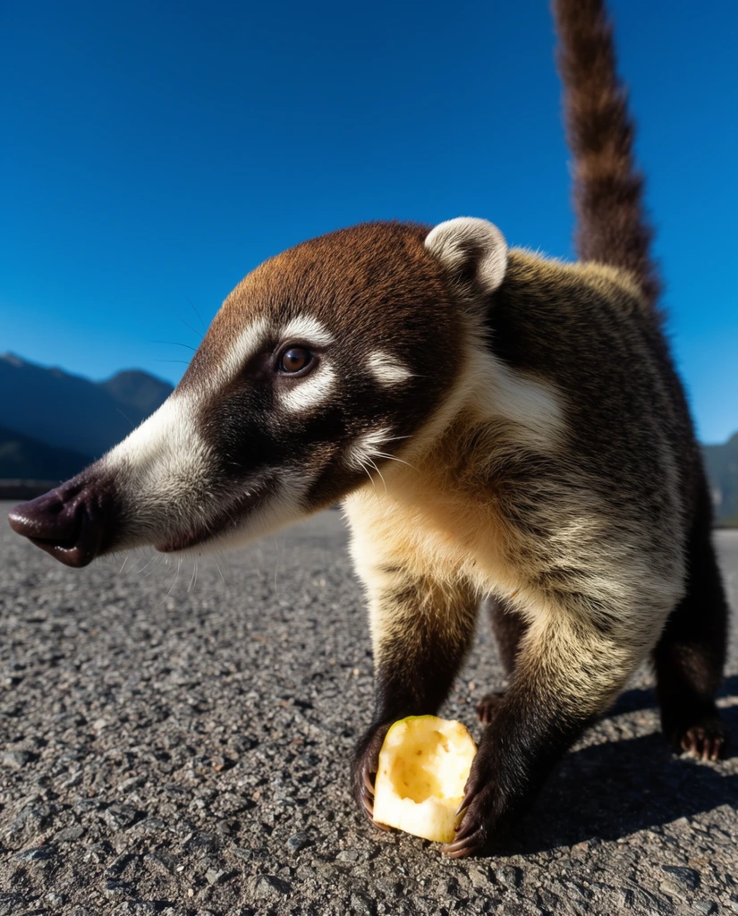 A South American coati stands on a rough, grey asphalt surface, grasping a partially eaten, pale yellow piece of fruit between its dark front paws. Captured from an extreme low-angle, wide-lens perspective, the animal dominates the foreground. Its coarse fur transitions from deep brown on the back and raised, vertical tail to a creamy white along its elongated snout and chest. The coati's head is turned sharply left in profile, highlighting a prominent dark nose and keen dark eye. Harsh, direct sunlight floods the scene, carving deep shadows to the right and vividly emphasizing the bristly texture of the fur and the pitted ground. Behind the animal, a vast, cloudless cerulean blue sky stretches over a distant, hazy silhouette of dark mountain peaks.