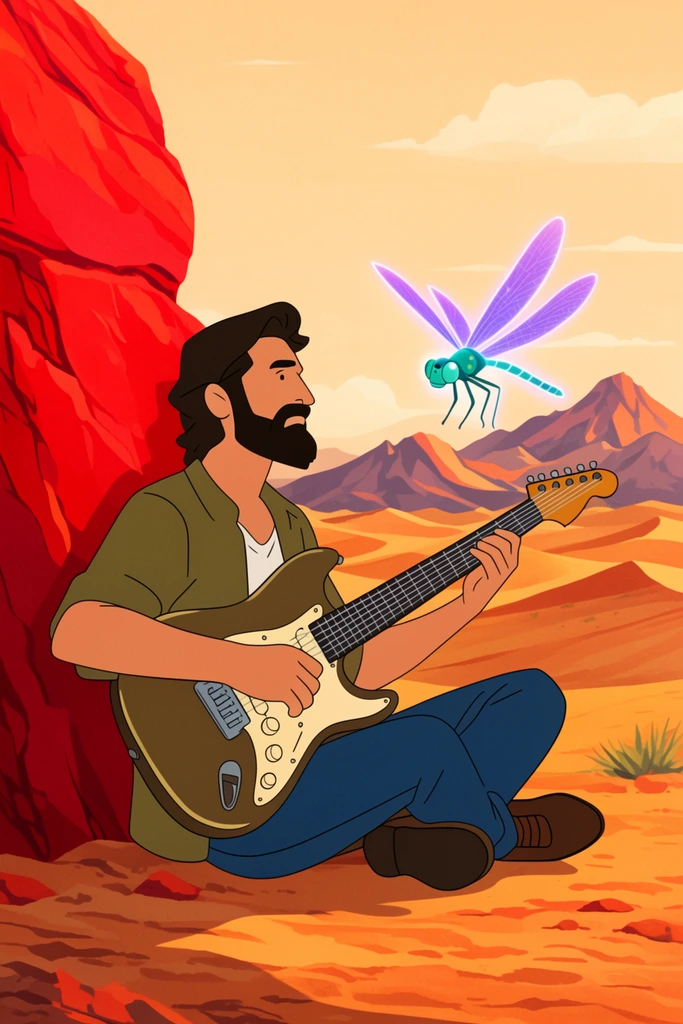 A 2D animated bearded man sits cross-legged in a desert landscape playing an electric guitar. He leans against a bright red rock formation. A glowing, stylized dragonfly with translucent purple wings and a teal body hovers nearby. Rolling dunes and jagged mountains stretch beneath a pale orange sky. The artwork features flat colors, crisp lines, and a warm, sun-baked palette.
