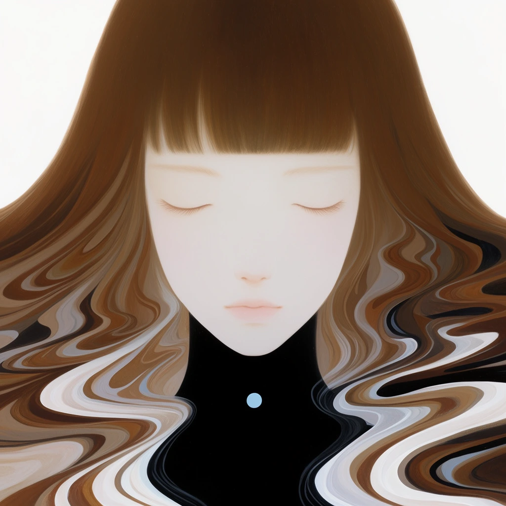 Serene pale woman with closed eyes, blunt bangs, flowing brown hair transitioning into abstract undulating waves, swirling ribbons of brown white and black, solid black neck void with a single pale blue dot, stark white background, smooth shading, ethereal surrealist illustration