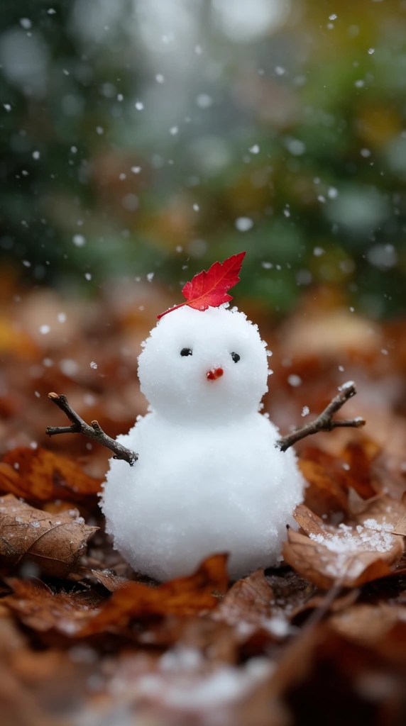 miniature snowman on brown autumn leaves, twig arms, tiny red leaf on head, falling snowflakes, macro photography, shallow depth of field, blurred foliage background