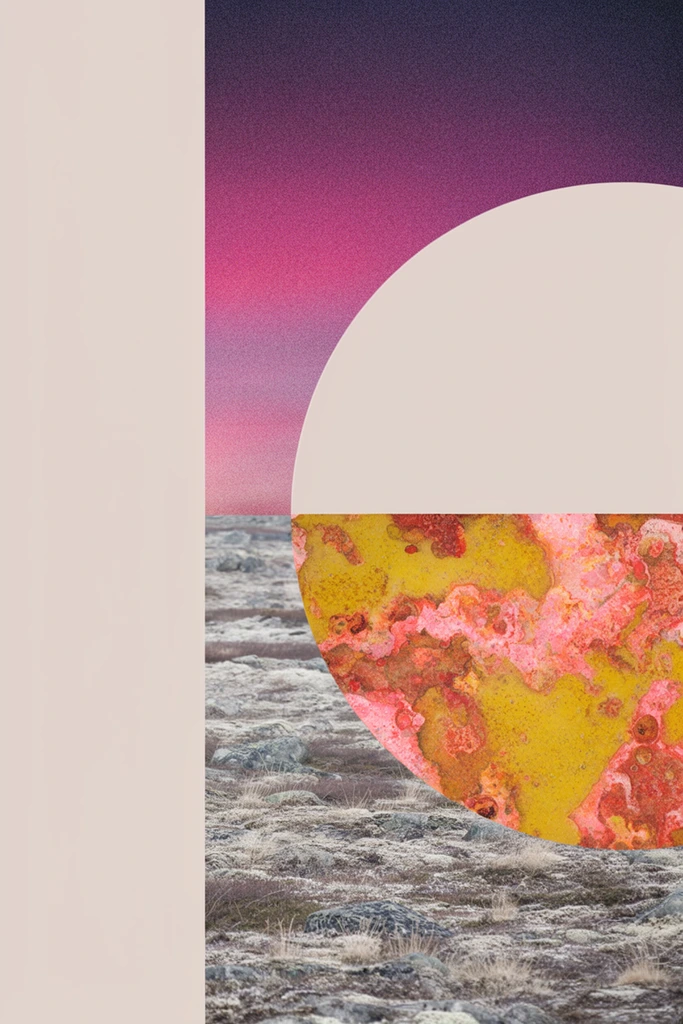 A split composition featuring a solid pale beige expanse on the left and a surreal mixed-media collage on the right. A large perfect circle anchors the right side, bisected horizontally along a sharp horizon line. The top half of the circle is flat pale beige, set against a heavily grained gradient sky transitioning from dark purple to vibrant magenta. The bottom half displays a vivid macro texture of mustard yellow, coral pink, and rust-red oxidized patterns. This textured semi-circle overlays a muted photograph of a desolate, frosted rocky tundra with sparse dried vegetation. The artwork merges flat geometric minimalism, gritty color gradients, barren natural landscapes, and intense organic textures.